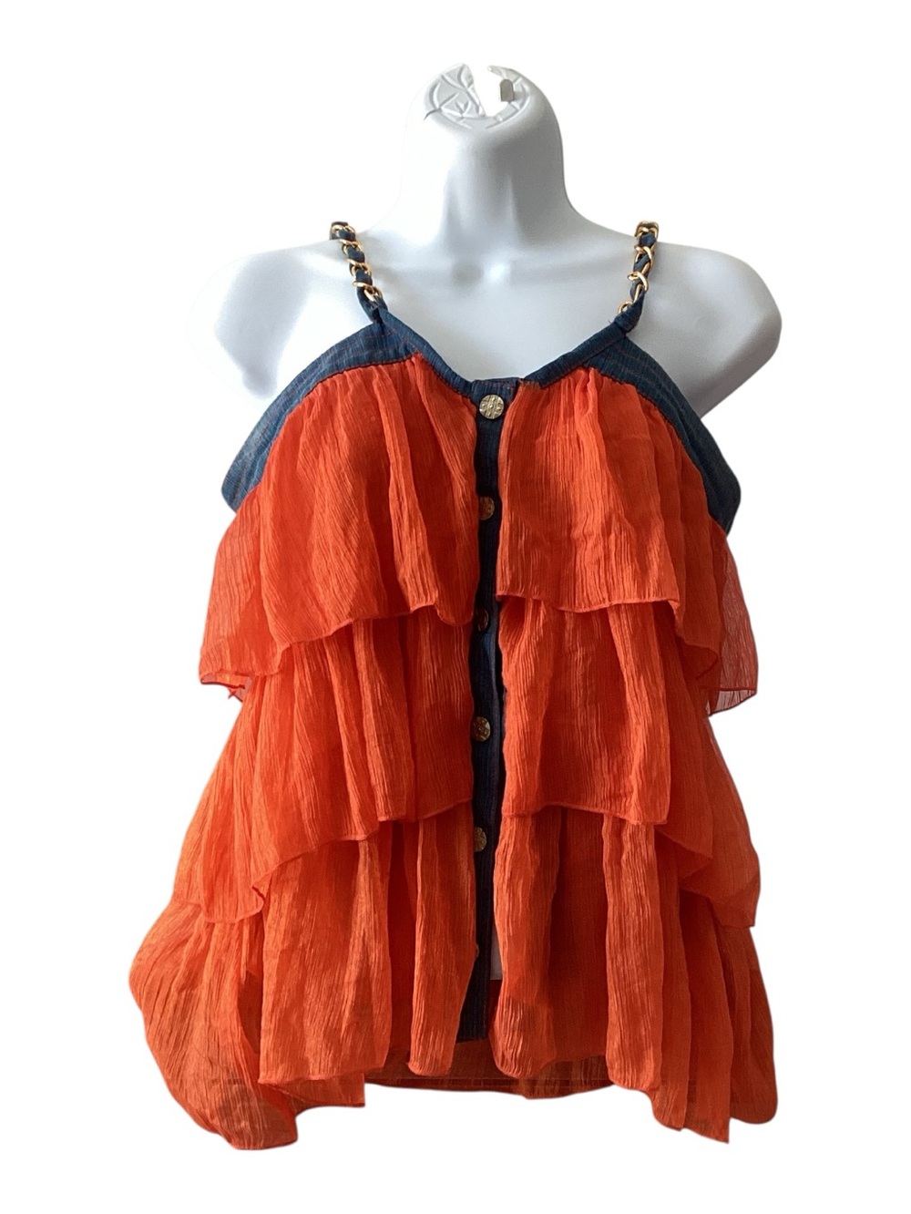 Y2K ICU Orange Layered Ruffle Button Maxamalist Barbie Tank Top L